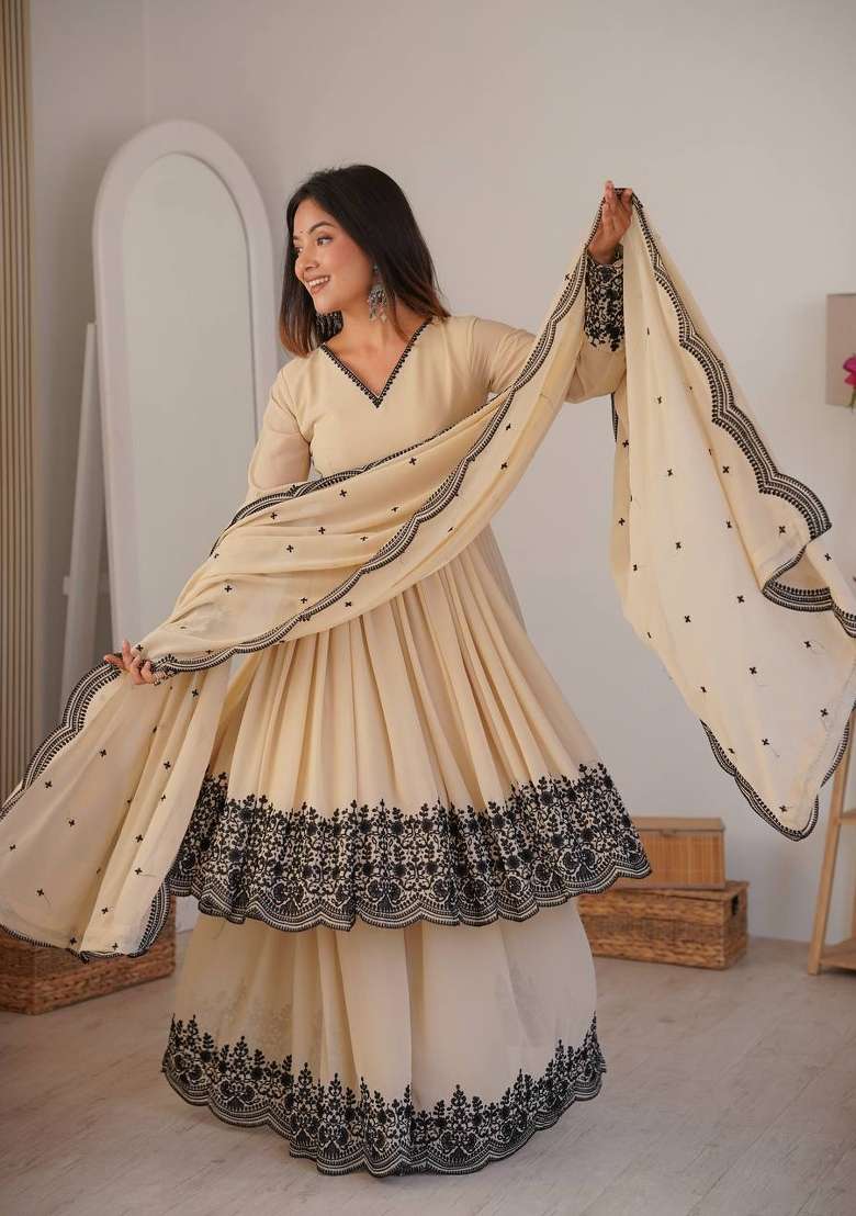 Beige Embroidery Georgette Palazzo Set - Indya