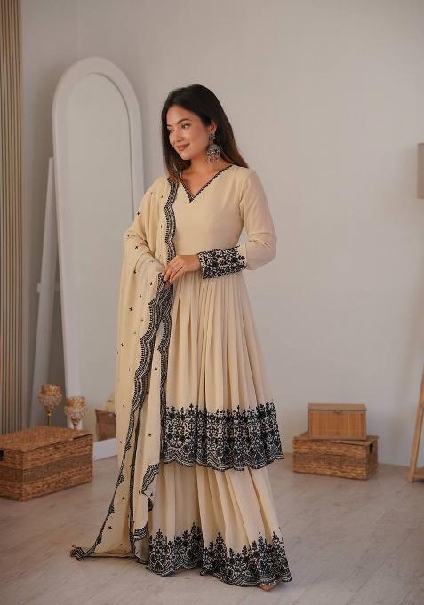 Beige Embroidery Georgette Palazzo Set