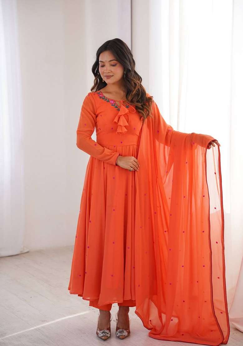 Bright Orange Embroidery Georgette Anarkali Set - Indya