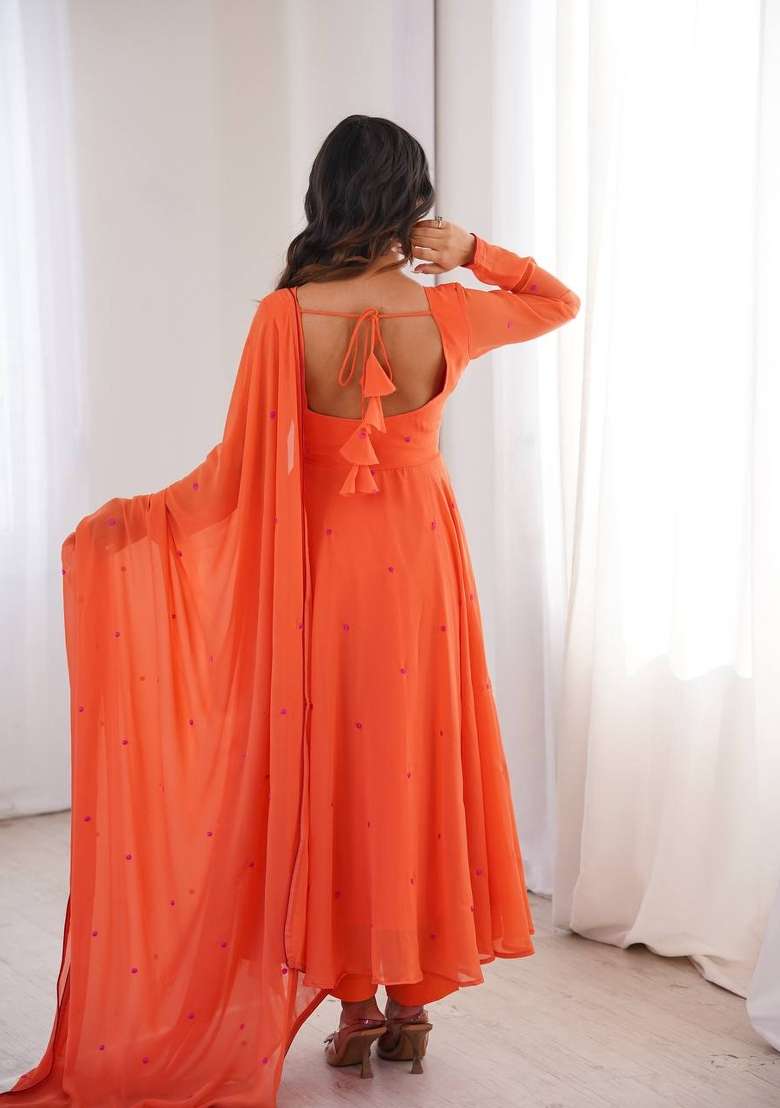 Bright Orange Embroidery Georgette Anarkali Set - Indya