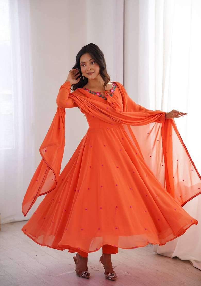 Bright Orange Embroidery Georgette Anarkali Set - Indya