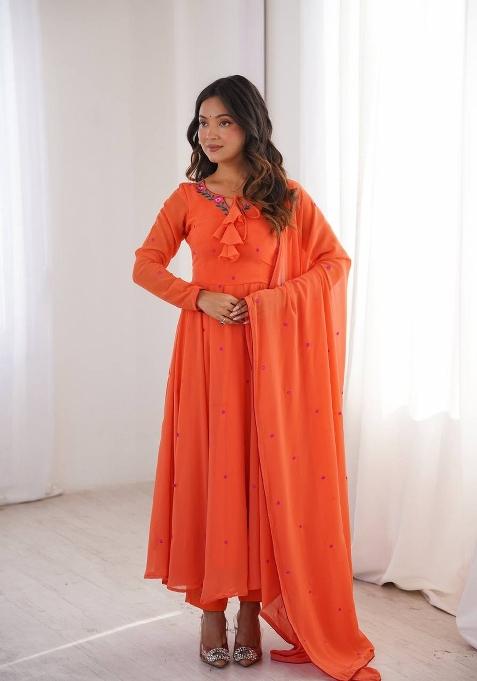 Bright Orange Embroidery Georgette Anarkali Set