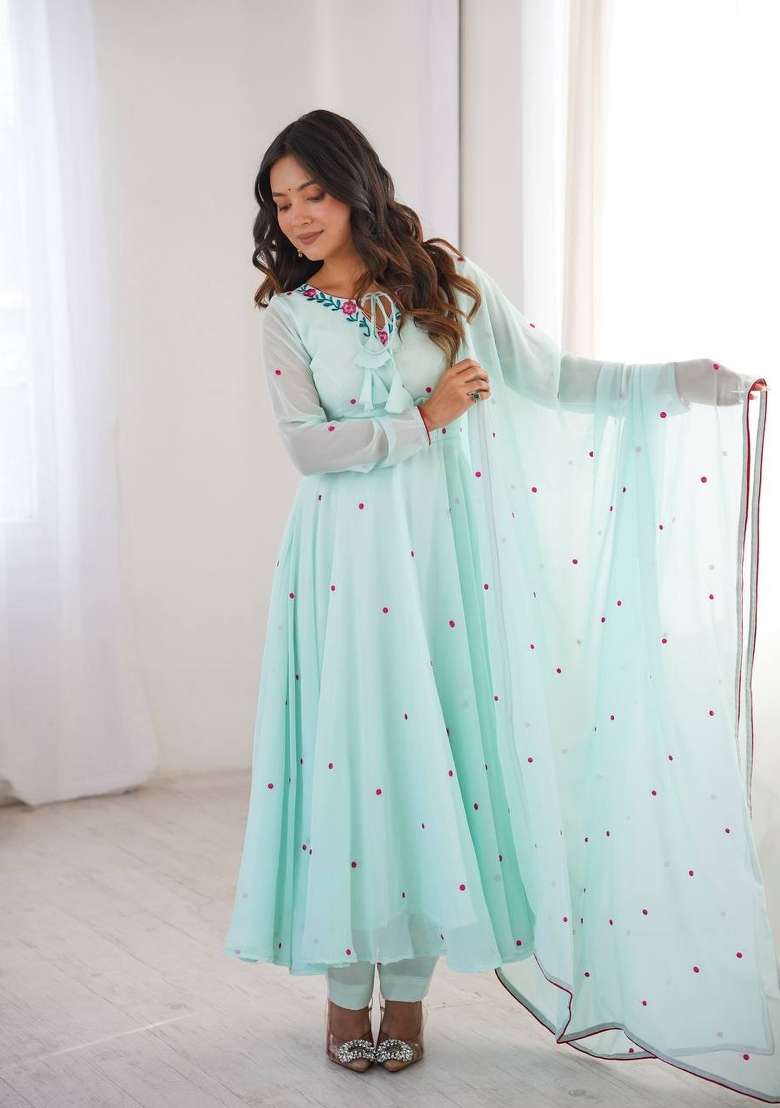 Pastel Green Embroidery Georgette Anarkali Set - Indya
