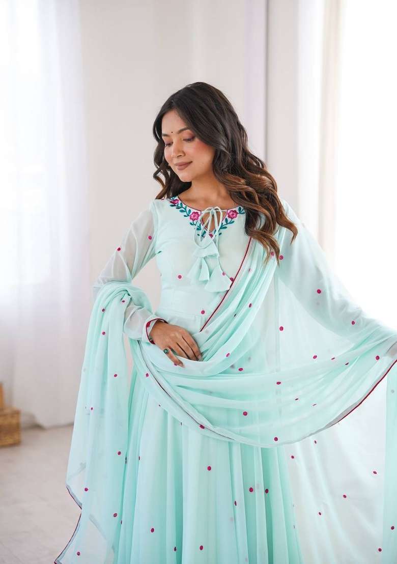 Pastel Green Embroidery Georgette Anarkali Set - Indya