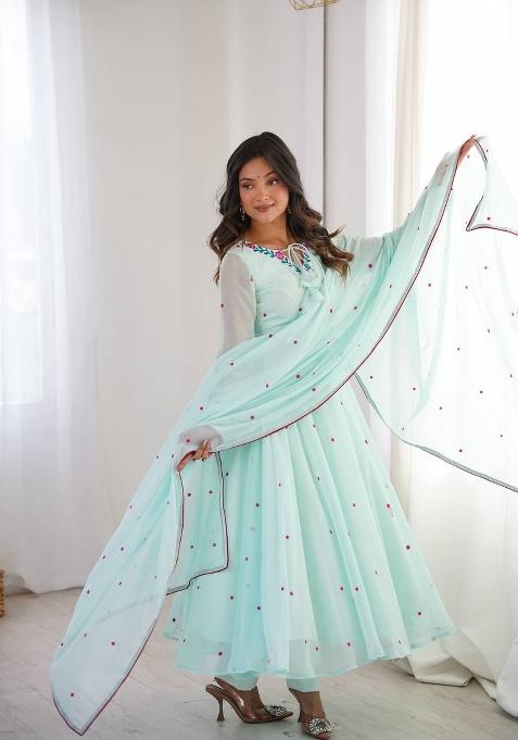 Pastel Green Embroidery Georgette Anarkali Set