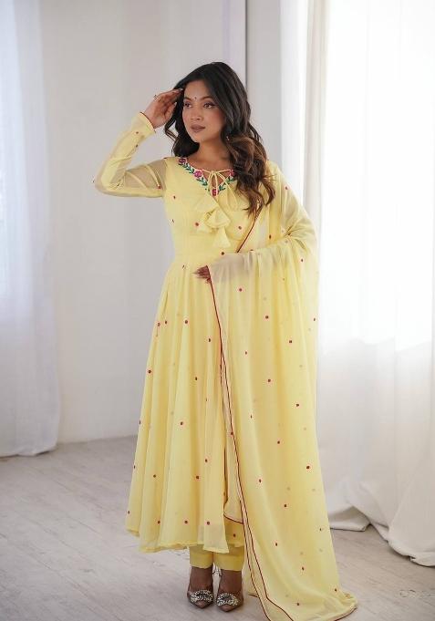 Light Yellow Embroidery Georgette Anarkali Set