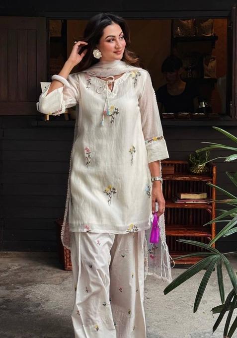 White Embroidery Chanderi Palazzo Set