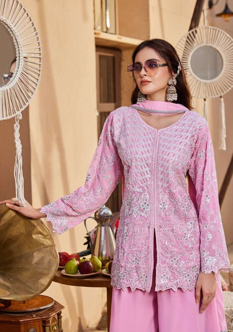 Light Pink Embroidery Georgette Palazzo Set - Indya