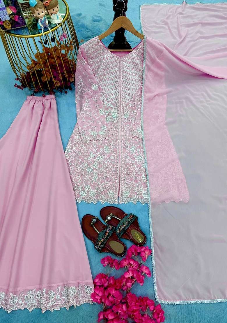 Light Pink Embroidery Georgette Palazzo Set - Indya