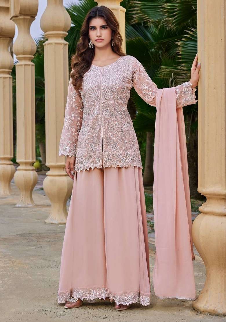 Peach Embroidery Georgette Palazzo Set - Indya