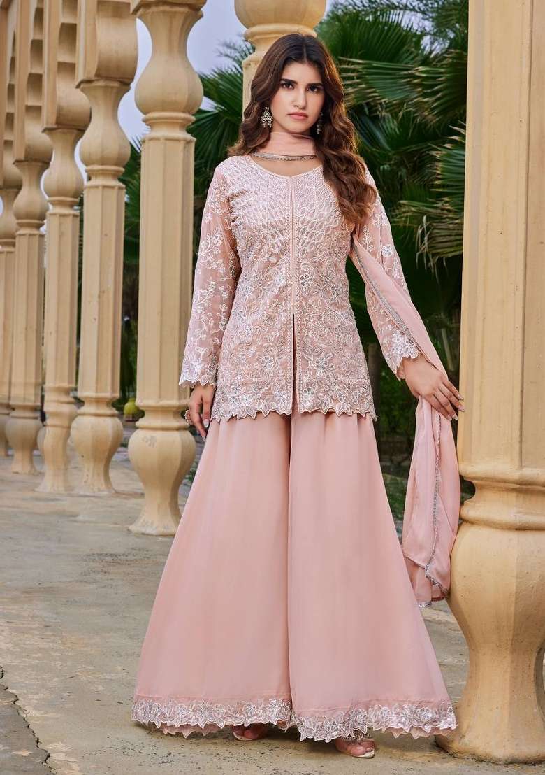 Peach Embroidery Georgette Palazzo Set - Indya