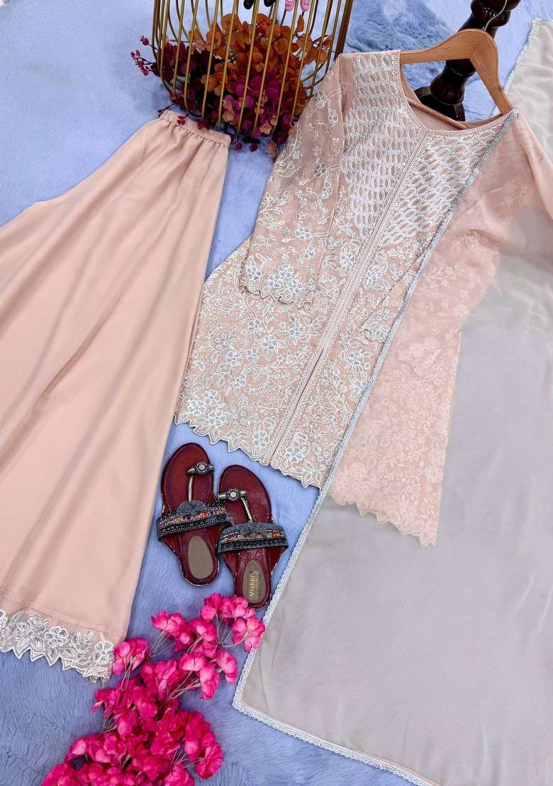 Peach Embroidery Georgette Palazzo Set - Indya
