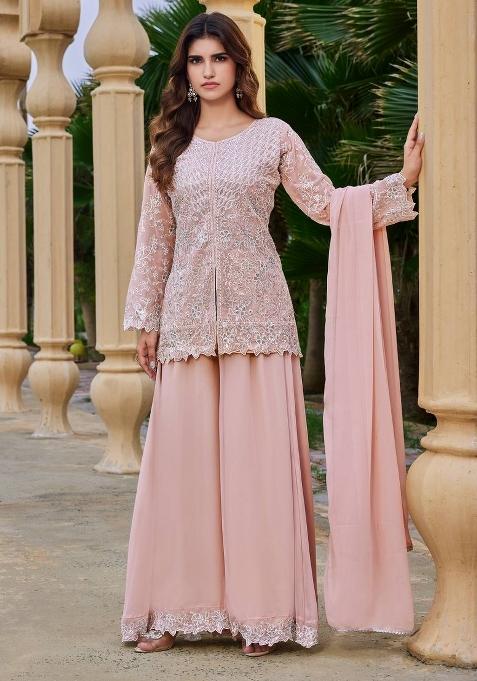 Peach Embroidery Georgette Palazzo Set