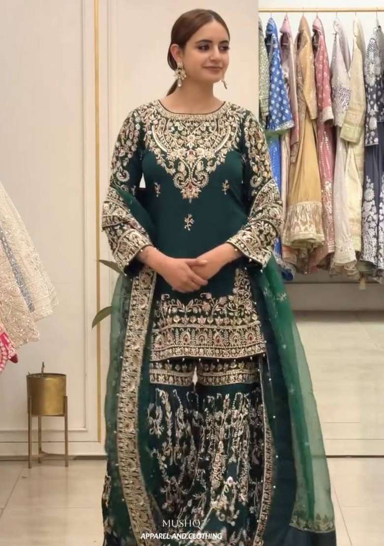 Emerald Green Embroidery Georgette Palazzo Set - Indya