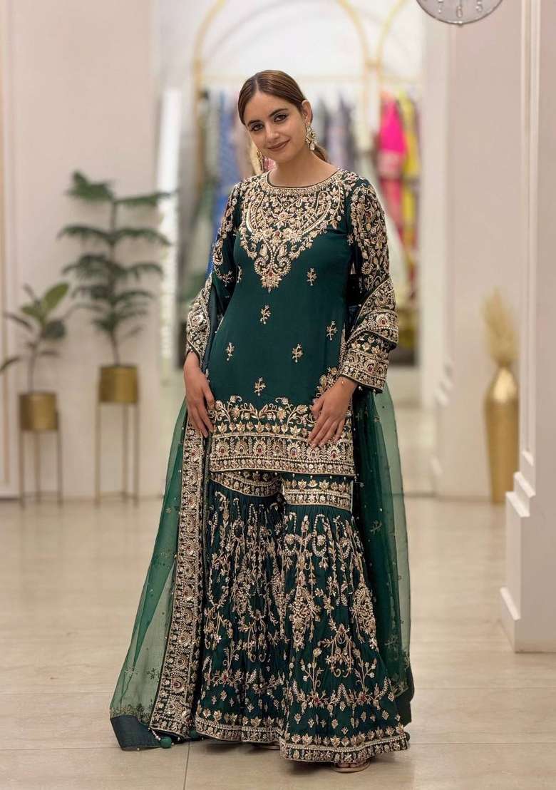Emerald Green Embroidery Georgette Palazzo Set - Indya