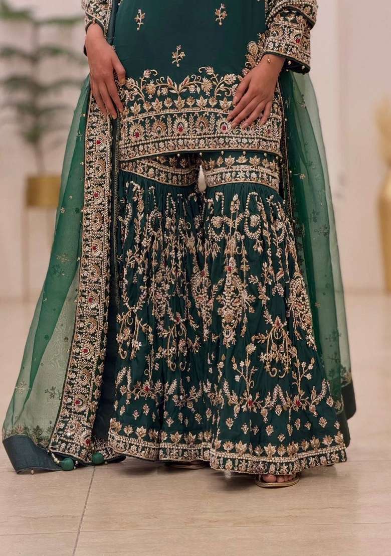 Emerald Green Embroidery Georgette Palazzo Set - Indya