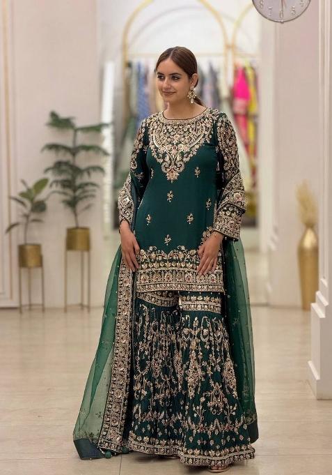 Emerald Green Embroidery Georgette Palazzo Set