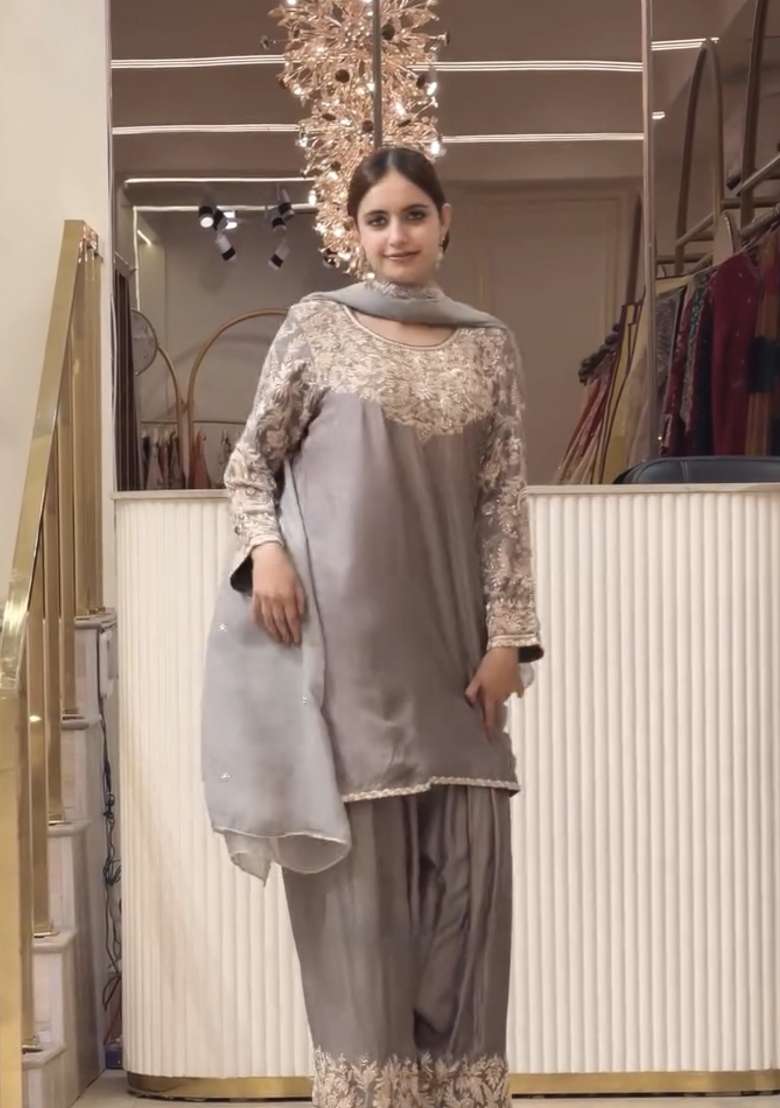 Grey Embroidery Silk Palazzo Set - Indya