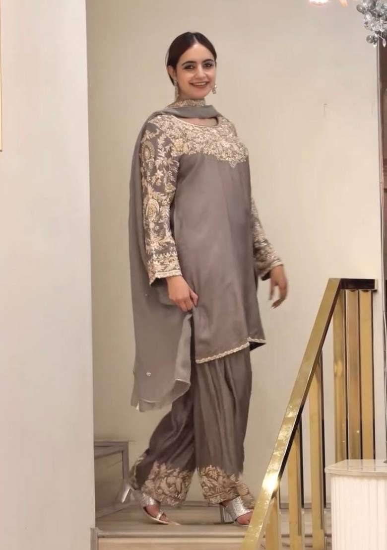 Grey Embroidery Silk Palazzo Set - Indya