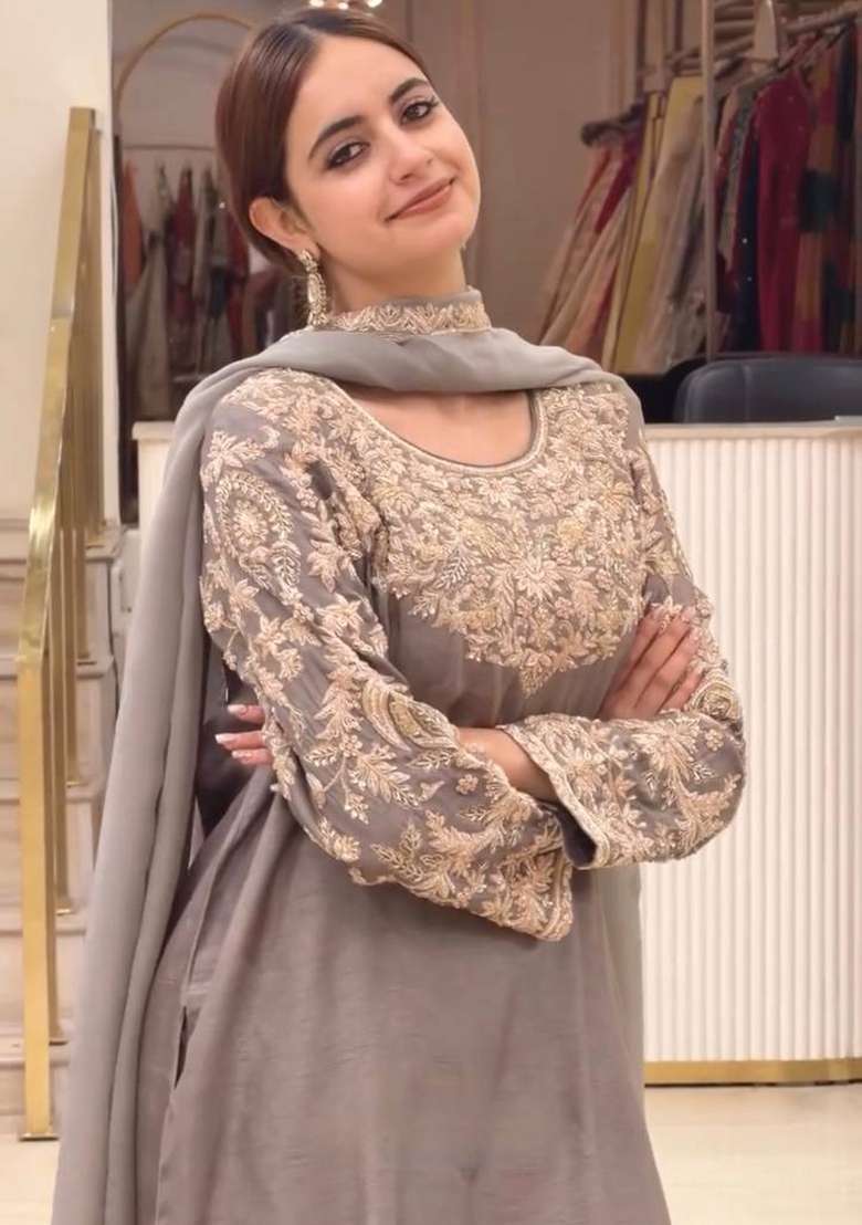 Grey Embroidery Silk Palazzo Set - Indya