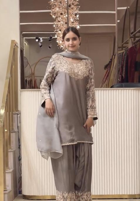 Grey Embroidery Silk Palazzo Set
