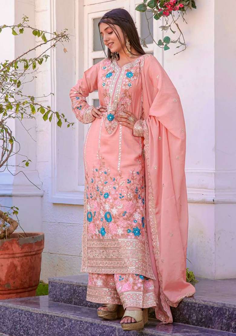 Pink Embroidery Silk Palazzo Set - Indya