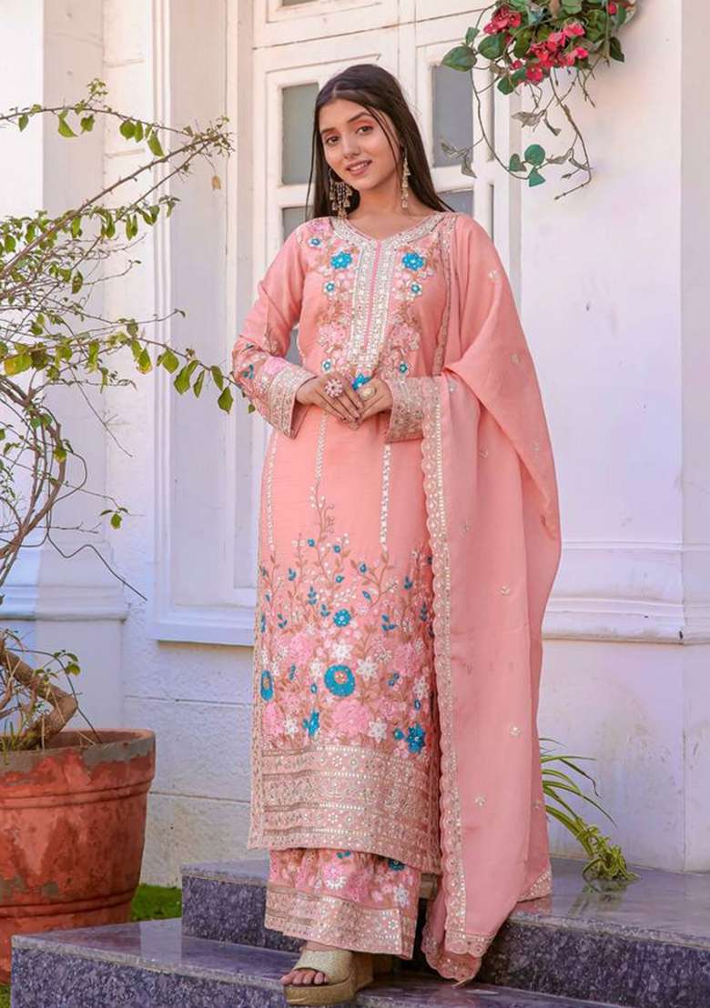 Pink Embroidery Silk Palazzo Set - Indya