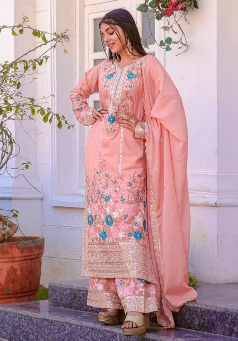 Pink Embroidery Silk Palazzo Set