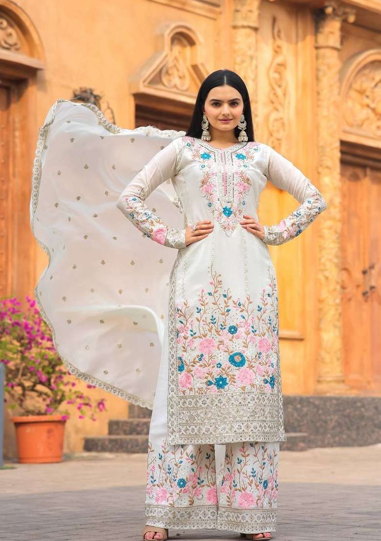 White Embroidery Silk Palazzo Set - Indya