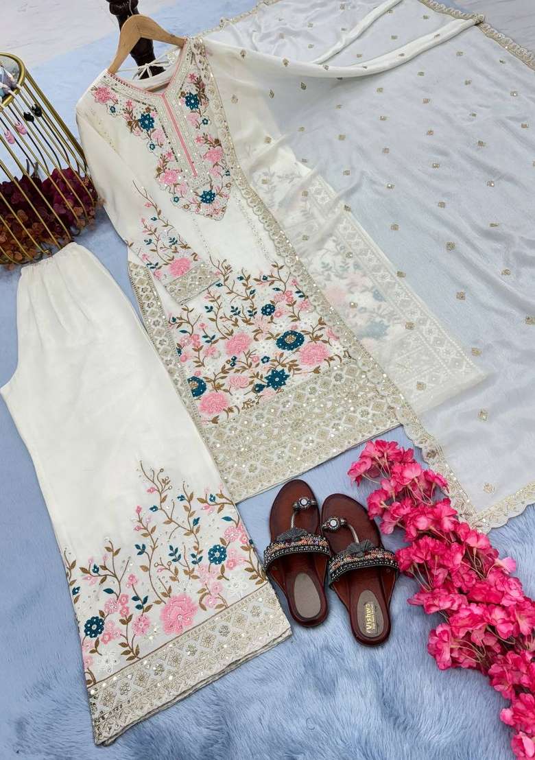 White Embroidery Silk Palazzo Set - Indya