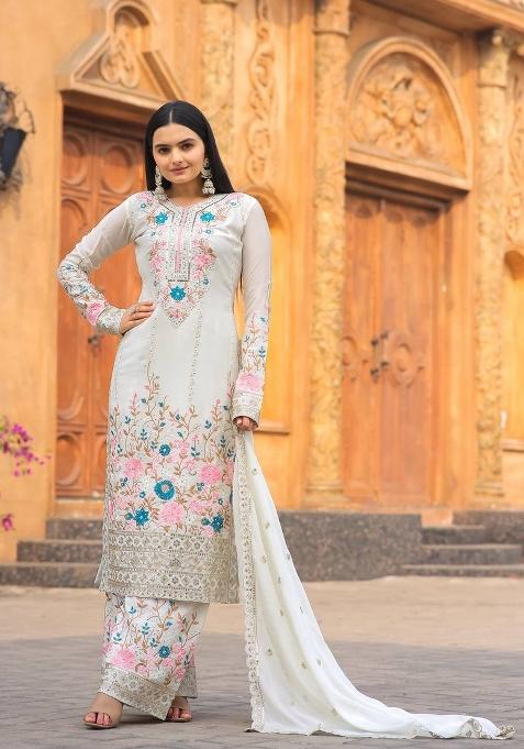 White Embroidery Silk Palazzo Set
