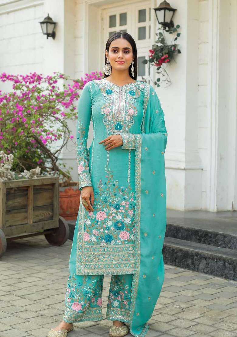 Sea Green Embroidery Silk Palazzo Set - Indya