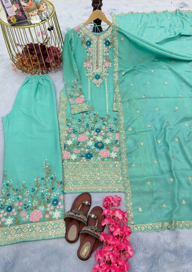 Sea Green Embroidery Silk Palazzo Set - Indya