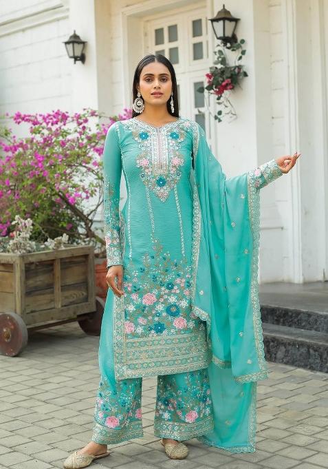 Sea Green Embroidery Silk Palazzo Set
