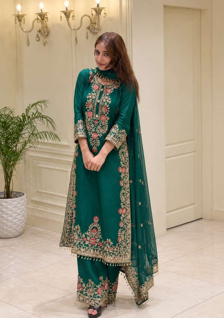 Emerald Bottle Green Embroidery Georgette Palazzo Set - Indya