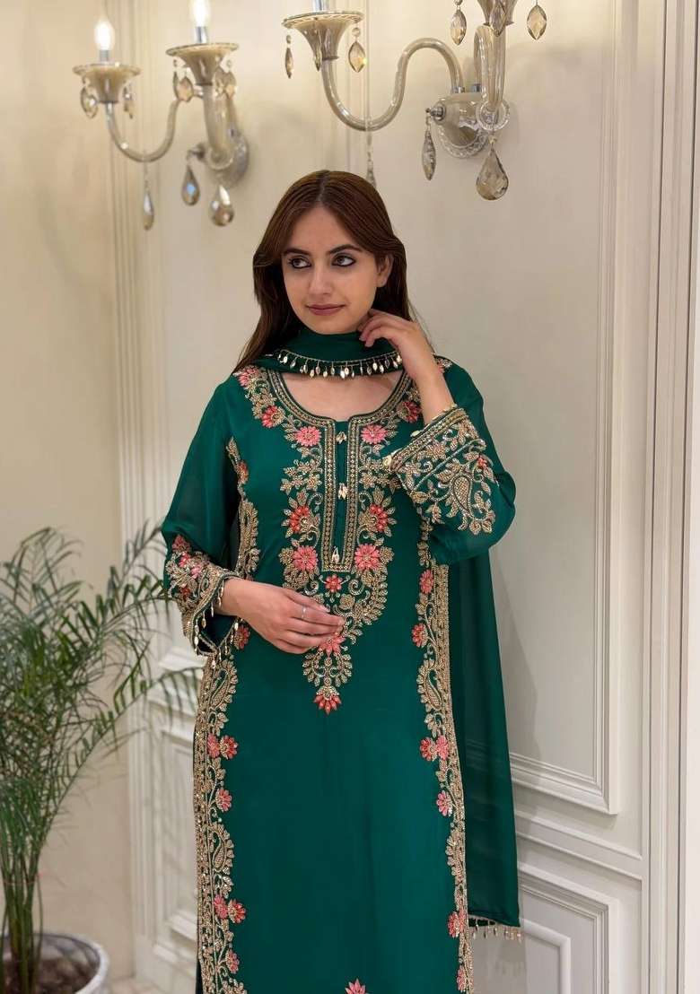 Emerald Bottle Green Embroidery Georgette Palazzo Set - Indya