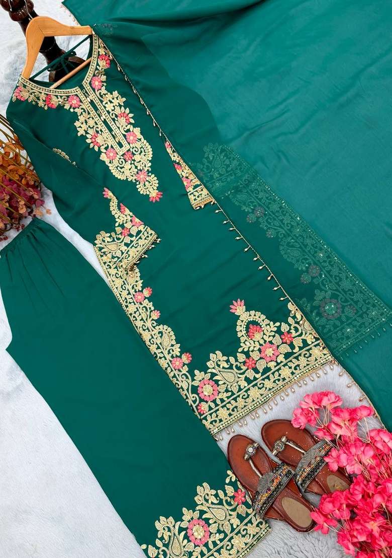 Emerald Bottle Green Embroidery Georgette Palazzo Set - Indya