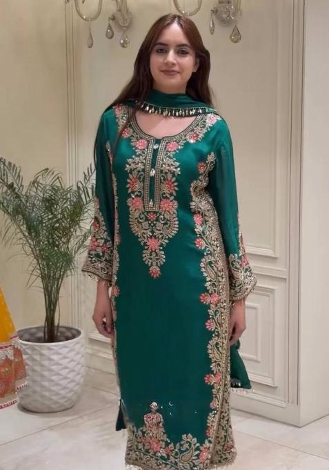 Emerald Bottle Green Embroidery Georgette Palazzo Set