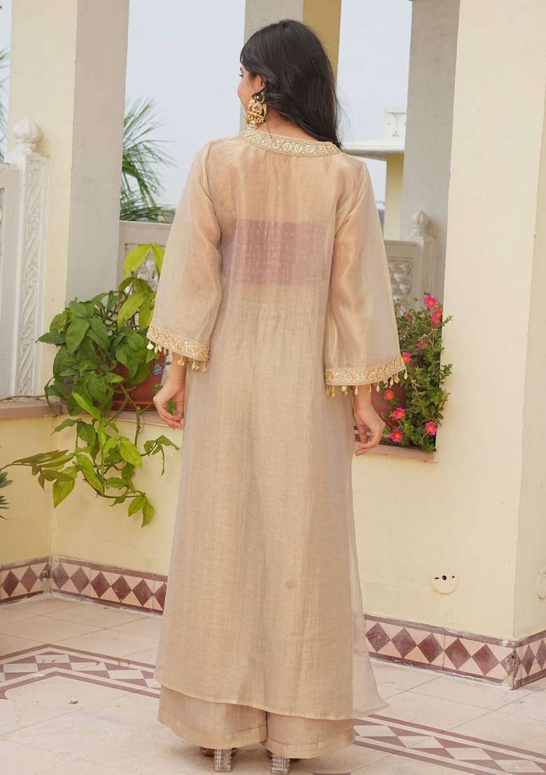 Beige And Maroon Embroidery Silk Palazzo Set - Indya