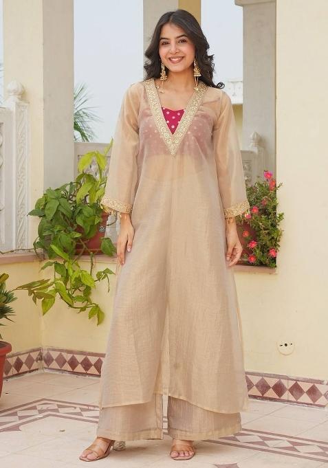 Beige And Maroon Embroidery Silk Palazzo Set