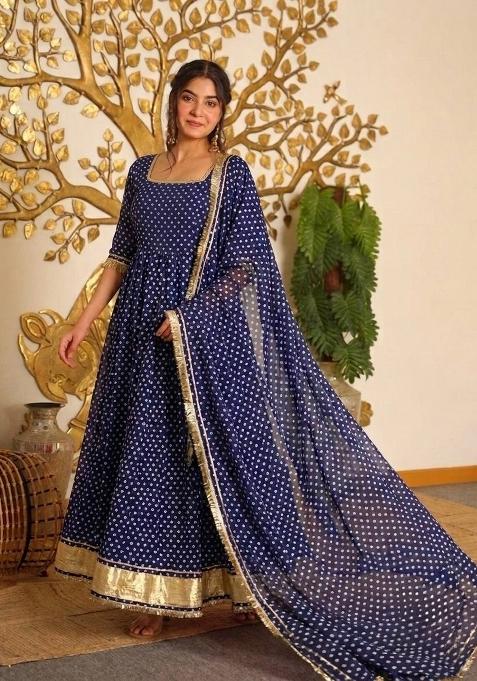 Royal Blue Printed Georgette Anarkali Set