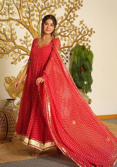 Crimson Red Printed Georgette Anarkali Set