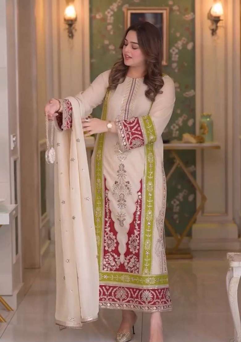 Off White Embroidery Silk Kurta Set - Indya