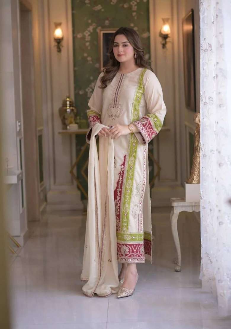 Off White Embroidery Silk Kurta Set - Indya