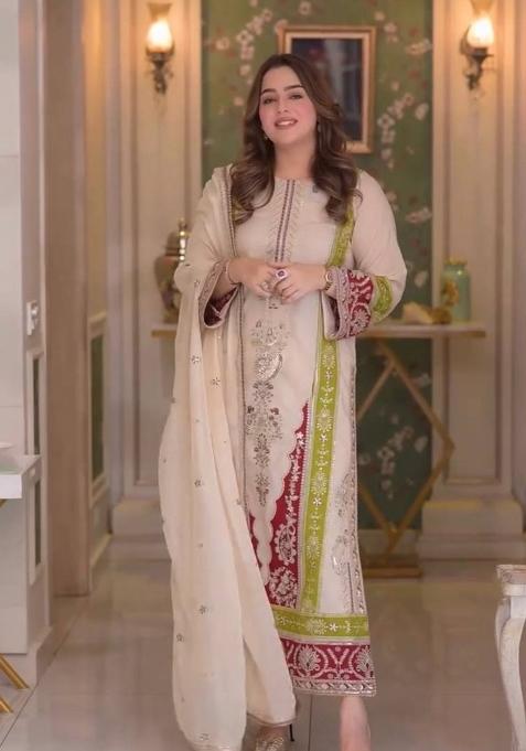 Off White Embroidery Silk Kurta Set