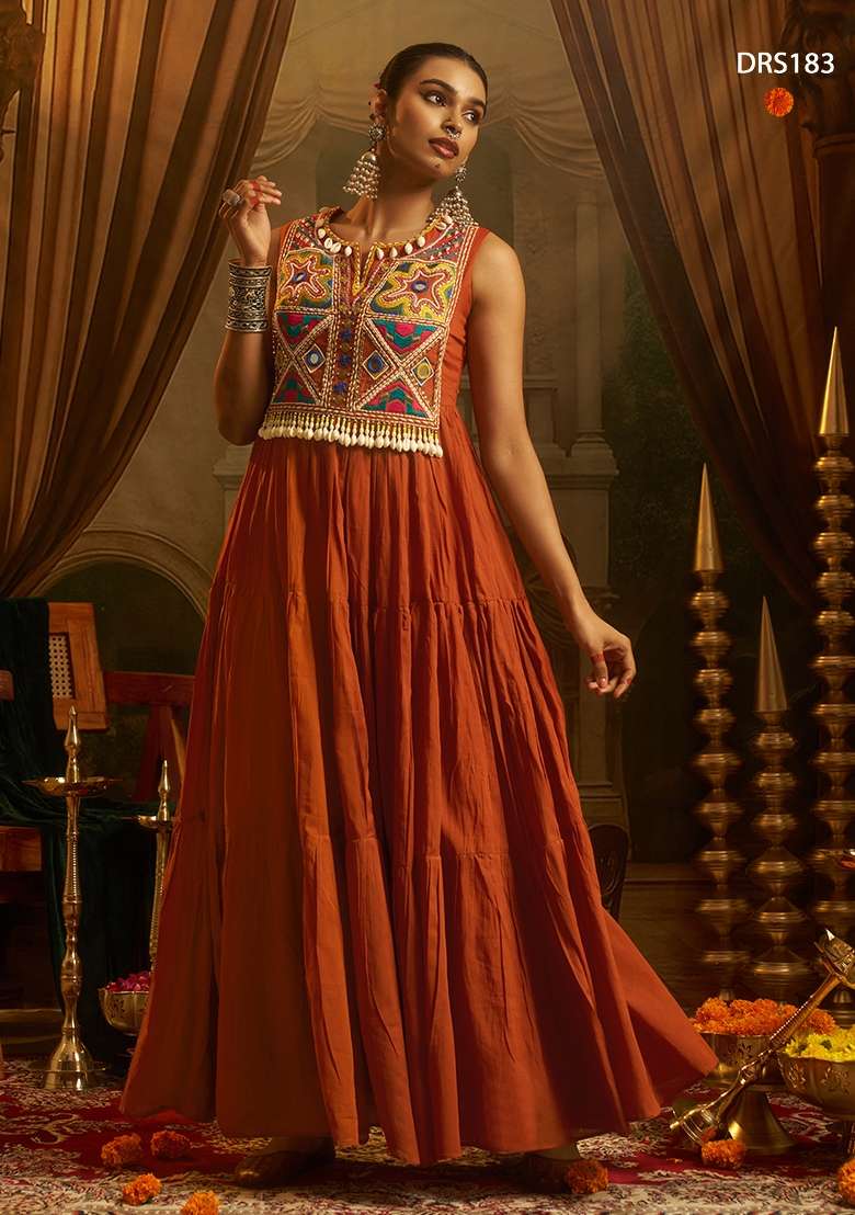 Rust Orange Embroidery Cotton Gown - Indya