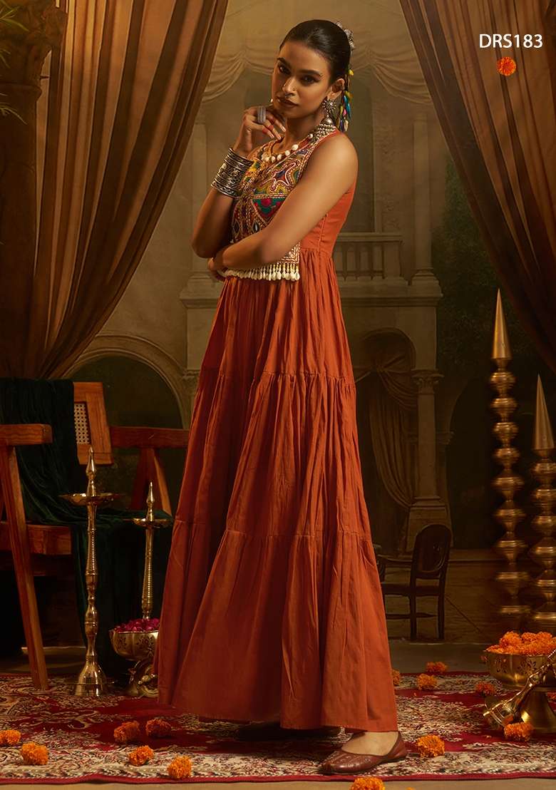 Rust Orange Embroidery Cotton Gown - Indya
