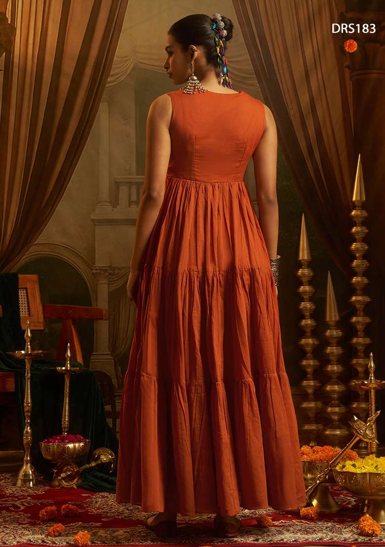 Rust Orange Embroidery Cotton Gown - Indya