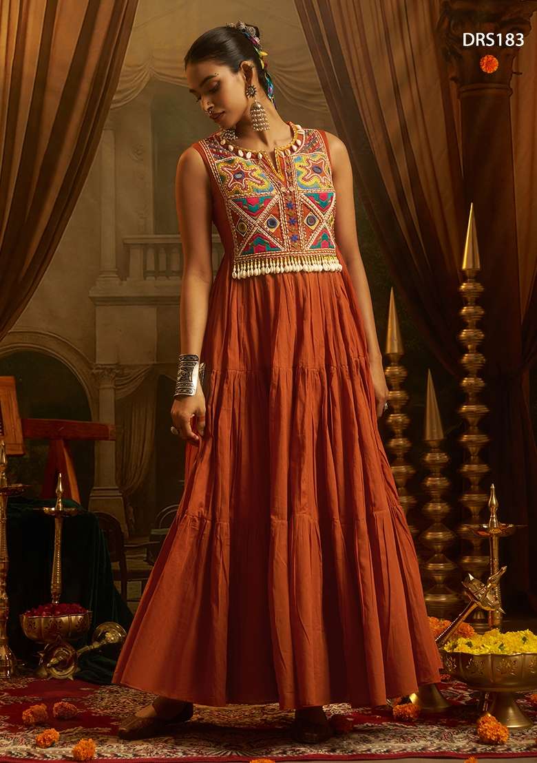 Rust Orange Embroidery Cotton Gown - Indya