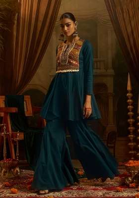 Teal Blue Embroidery Cotton Kurta Set